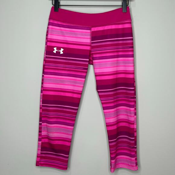 Under Armour HeatGear Pink Striped Capri Leggings Youth Large Fitted - Picture 1 of 7